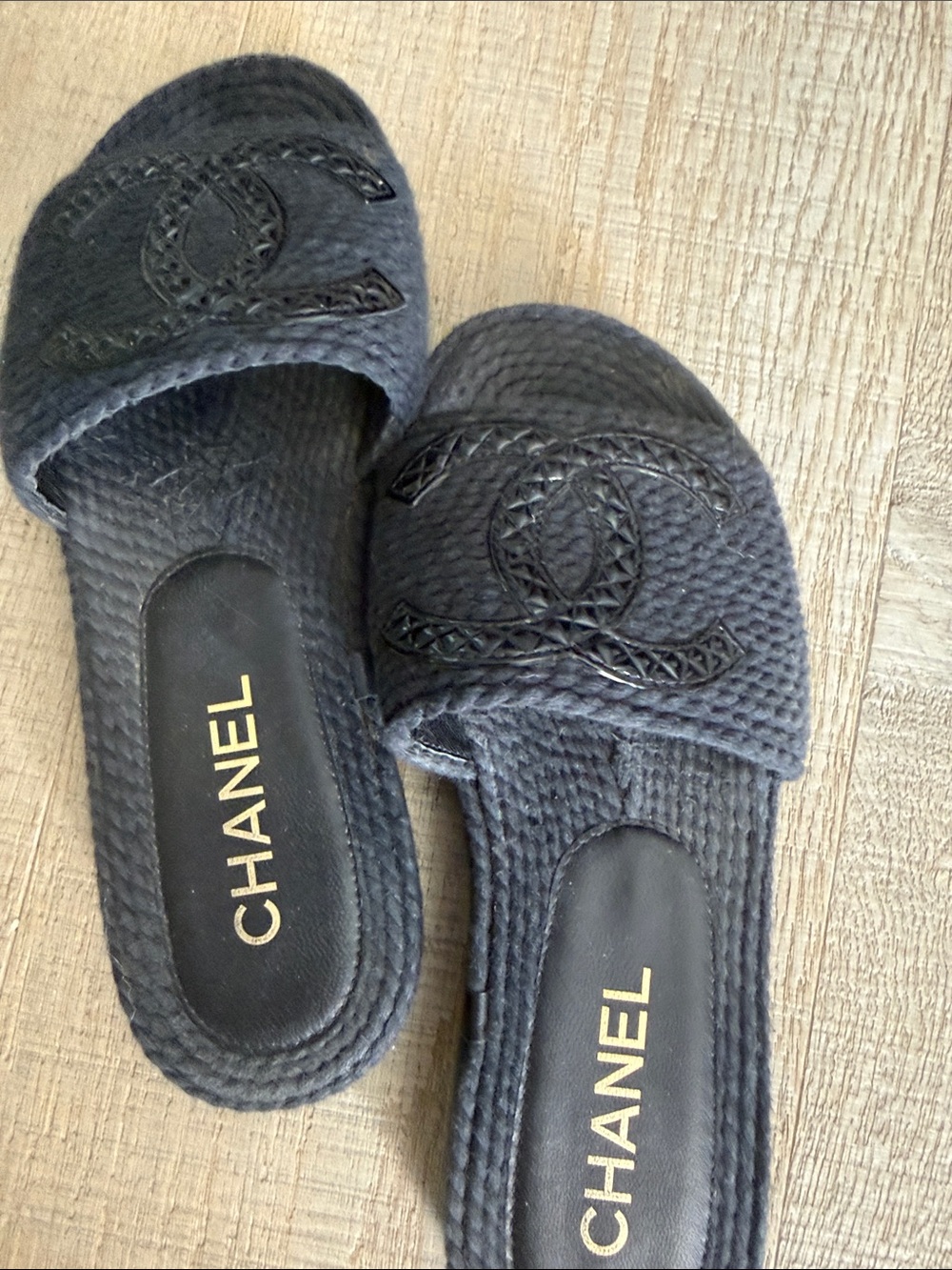 CHANEL Black Quilted Logo Slide Mules
